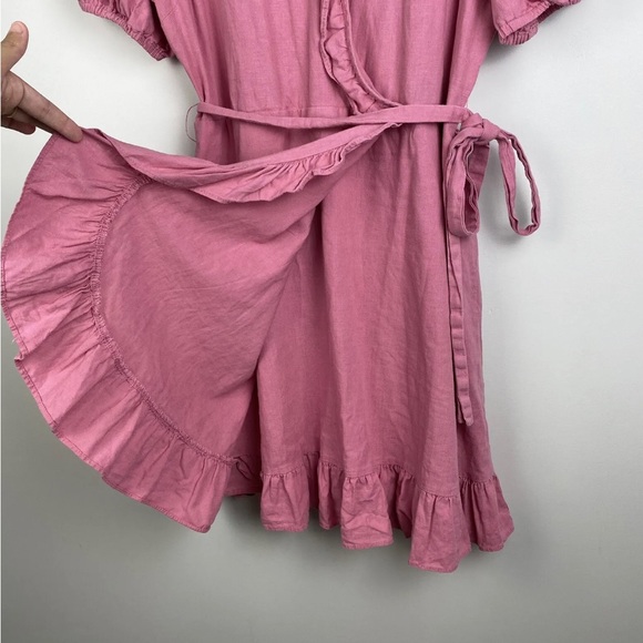 Portmans Madison Wrap Dress Pink Linen Blend Tie Waist Short Ruffle Size L 14 - Picture 5 of 11